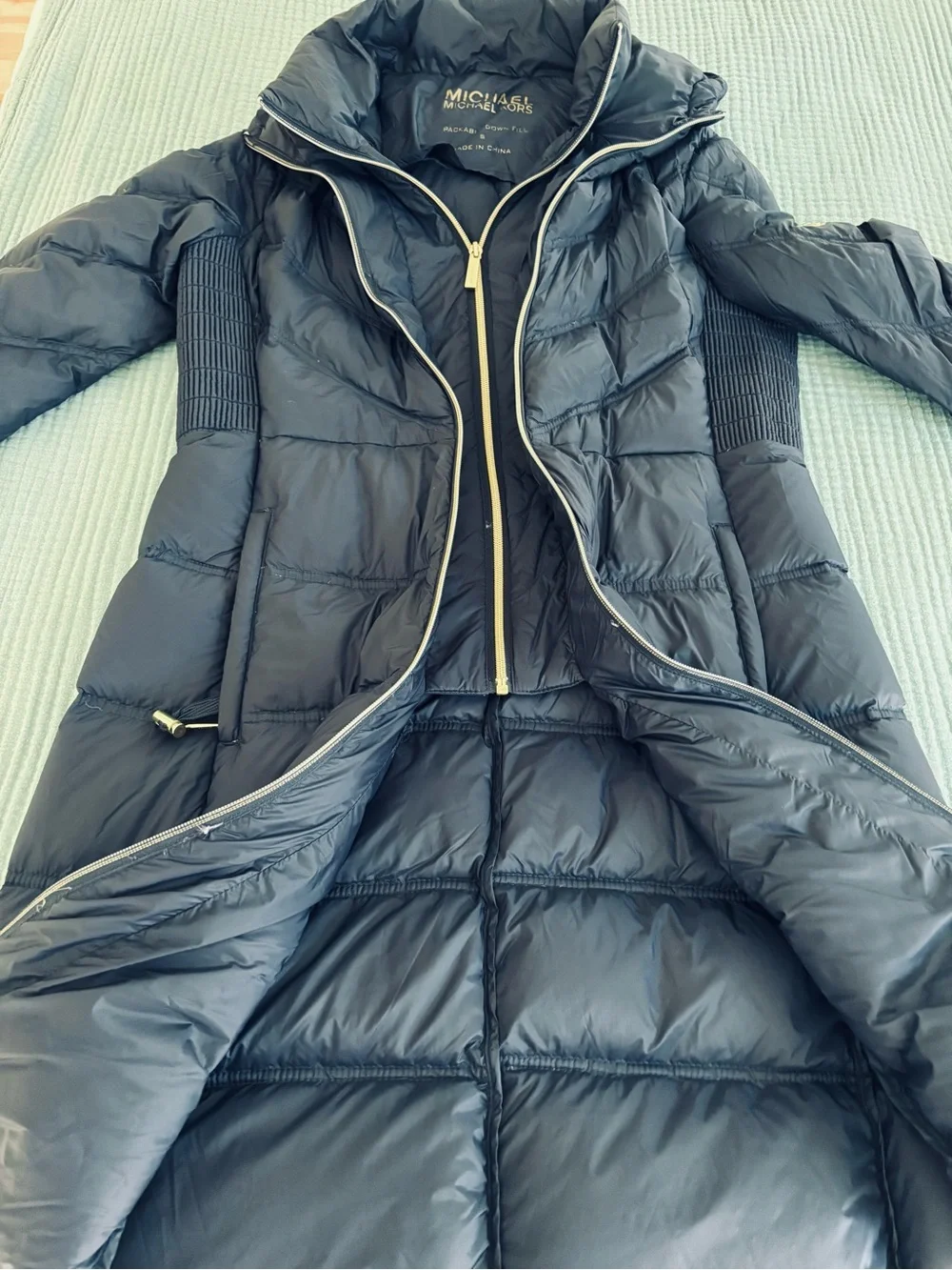 Michael Kors Long Quilted Puffer Coat with Gold Zip - Navy